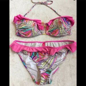Victoria Secret 2 piece swimsuit bikini S/M Ruffle Colorful Tropical Pink